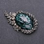 Gray Rhinestone Brooch with Emerald Cabochon 64x38mm Gray Metal