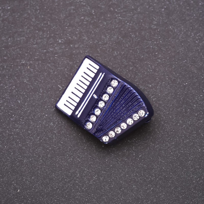 Accordion Brooch, Blue Enamel, White Rhinestones, 29x20mm, White Metal
