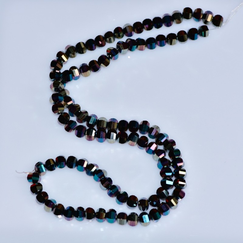 Swarovski-Style Crystal Beads, Black Faceted Ball with Blue and Brown Gasoline-Tone Coating, 5x4mm Diameter, Thread, 48cm Length