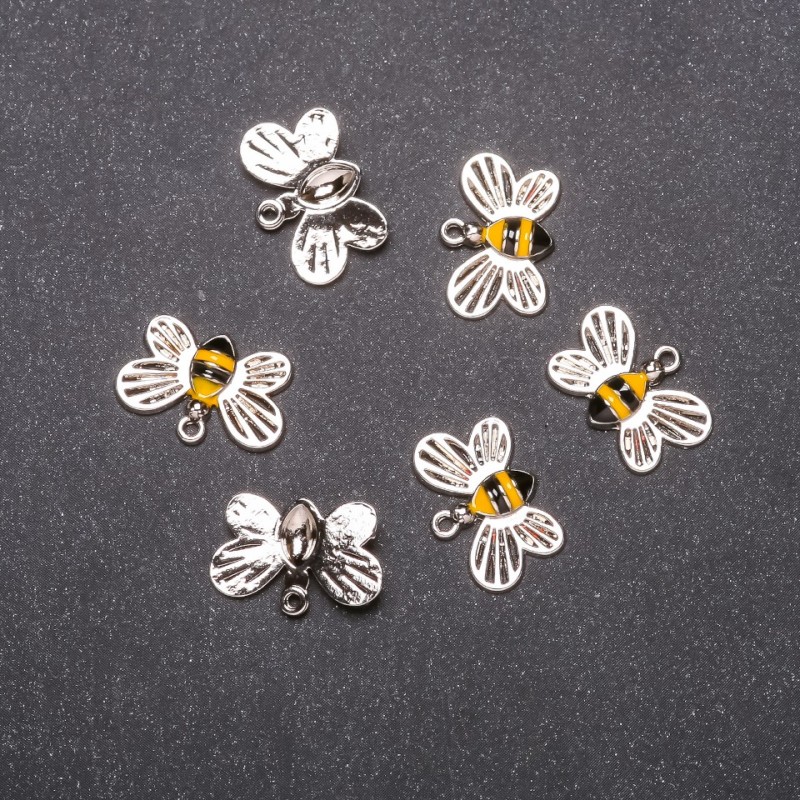 Bee Charm Finding, Diameter 17mm, Length 11mm, White Metal, Pack of 6