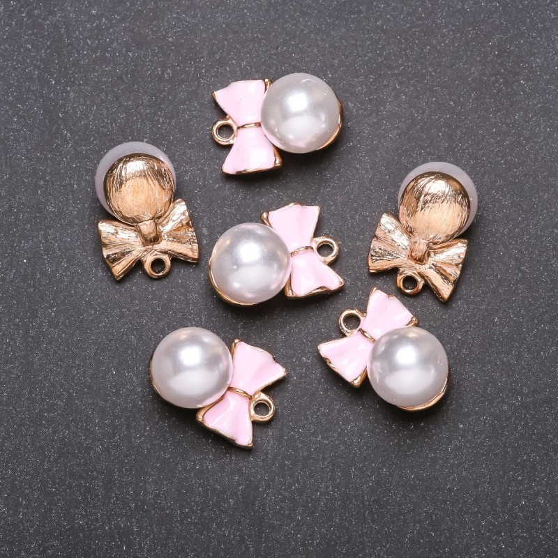 Findings Pendant Pink Bow with Bead, Diameter 14mm, Length 20mm, Yellow Metal, Pack of 6