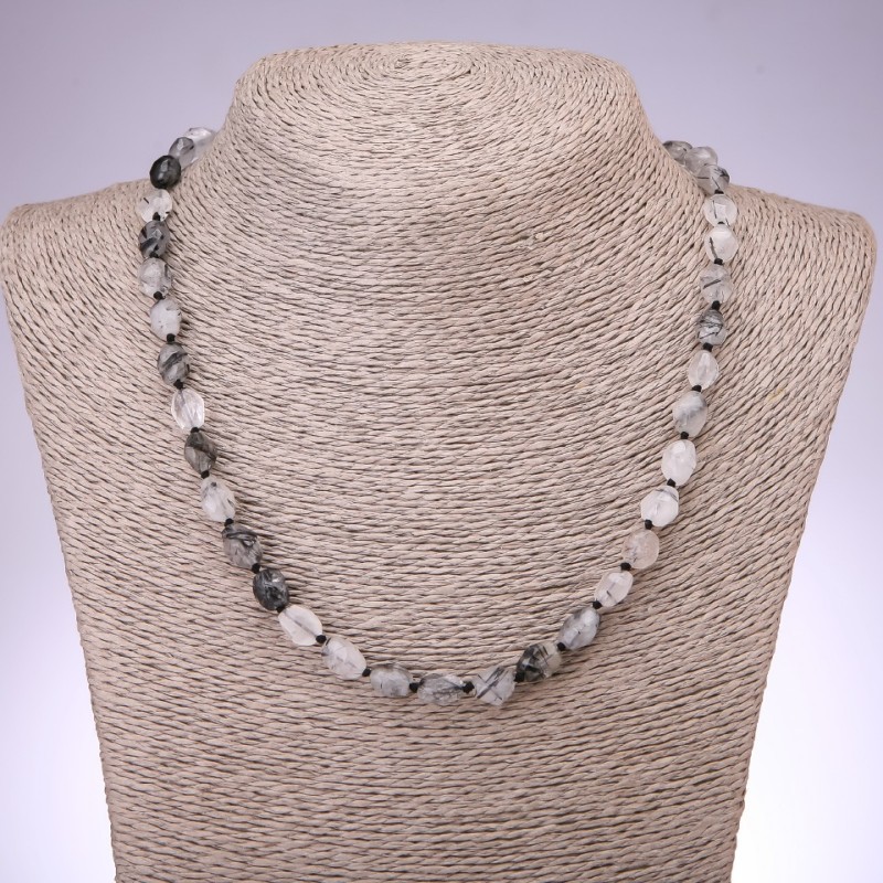 Rutilated Quartz "Hair Stone" Necklace, Faceted Oval Tumbled Beads, Diameter 8x10mm, Length 45cm