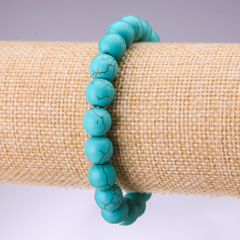 Turquoise Bracelet (Synthetic) with Veining, Smooth Round Beads, Diameter 10mm +/- (Stretch)