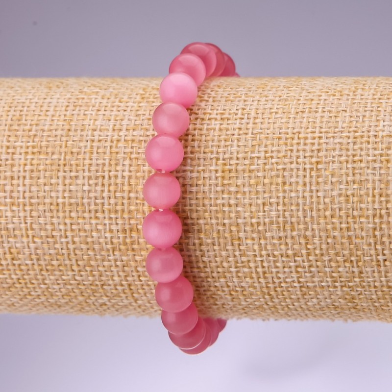 Pink Cat's Eye Bracelet, Smooth Ball, 8mm Diameter, 18cm Length, on Elastic