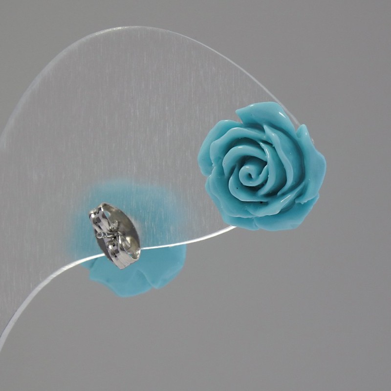 Stud Earrings "Rose Mini-1.7" Blue Polymer Clay, Silver-Tone Metal, ~17mm