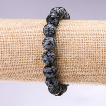Natural Snowflake Obsidian (Apache Tears) Bracelet, Smooth Bead, 10mm Diameter, 18cm Length
