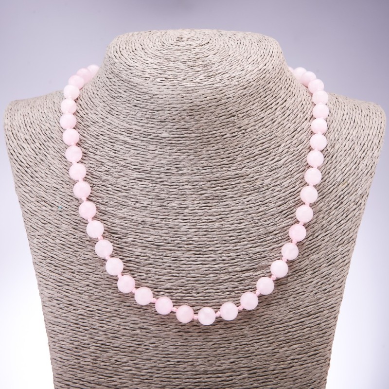 Necklace of natural stone Pink quartz smooth ball, diameter 8mm, length 45cm