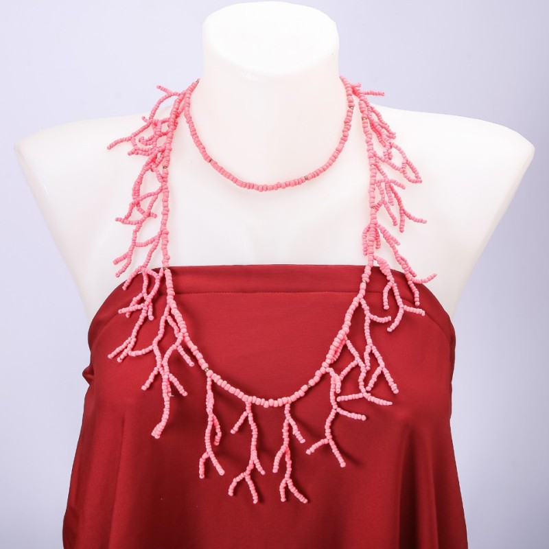 Long Pink Seed Bead Necklace "Branches," Length 105cm