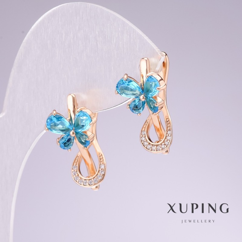 Xuping Earrings, 18K Gold Plated, Sky Blue Stones with White Rhinestones, 20x11mm