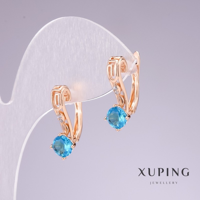 Xuping Earrings, 18K Gold Plated, Sky Blue Stone with White Rhinestones, 20x8mm
