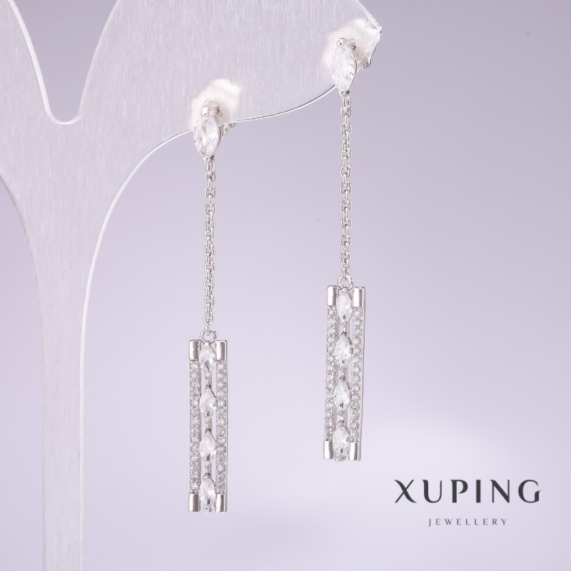 Xuping Rhodium Earrings with White Stones and White Rhinestones 50x5mm