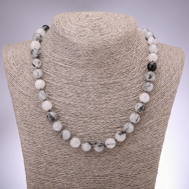 Natural Rutilated Quartz ('Hair Quartz') Necklace, Smooth Round Beads 10mm, Length 48cm