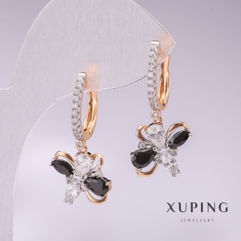 Xuping Earrings, 18K Gold Plating and Rhodium, with Black Stones and White Rhinestones, 30x12mm