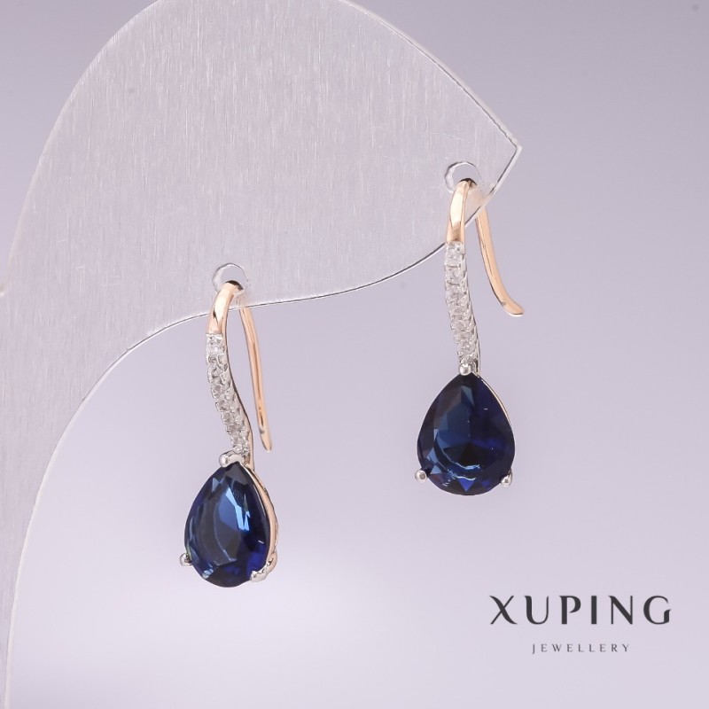 Xuping Earrings, 18K Gold Plated and Rhodium, with Blue Stones and White Rhinestones 21x7mm
