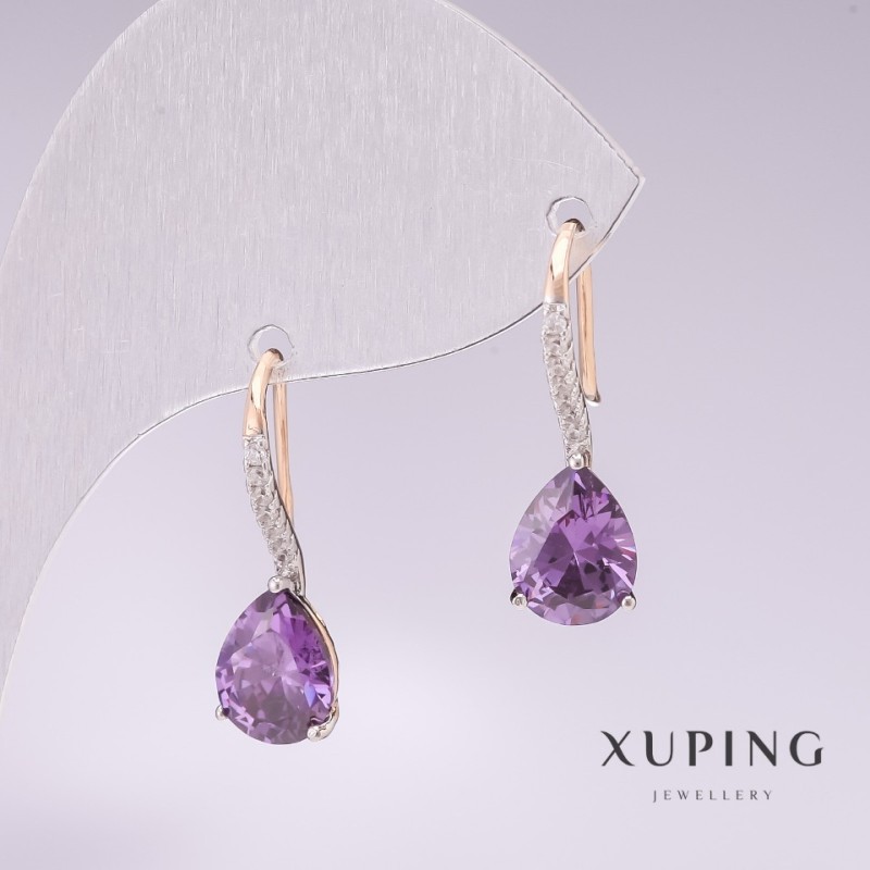 Xuping Earrings, 18K Gold Plated and Rhodium, with Lilac Stones and White Rhinestones 21x7mm