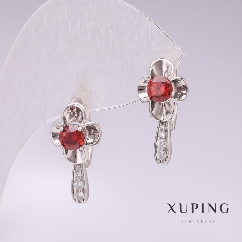 Xuping Rhodium Earrings with Red Stones and White Rhinestones 20x10mm
