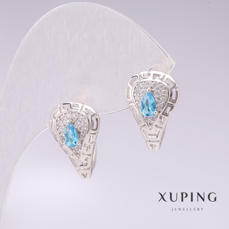Xuping Rhodium Earrings with Blue Stones and White Rhinestones 11x17mm