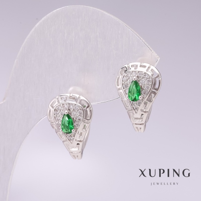 Xuping Rhodium Earrings with Green Stones and White Rhinestones 11x17mm