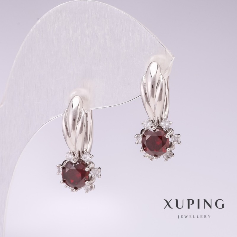 Xuping Rhodium Earrings with Red Stones 21x10mm