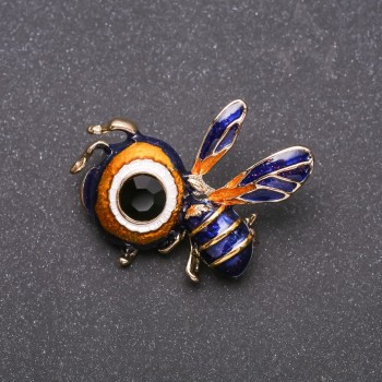 Bee Brooch, Blue and Yellow Enamel, Yellow Metal, 34x36mm