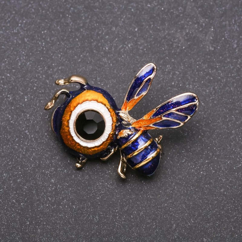 Bee Brooch, Blue and Yellow Enamel, Yellow Metal, 34x36mm