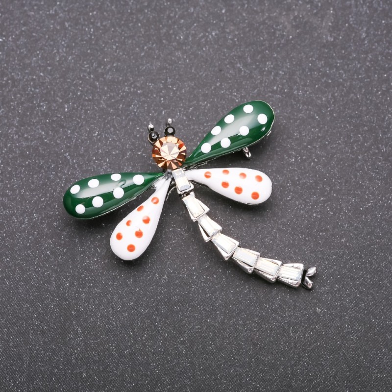 Polka Dot Dragonfly Brooch, Green and White Enamel, Gray Metal, 40x40mm