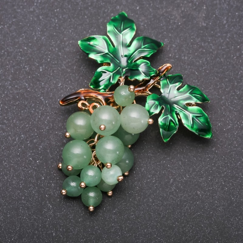 Grape Cluster Brooch with Natural Jade Stone Metal 60x45mm