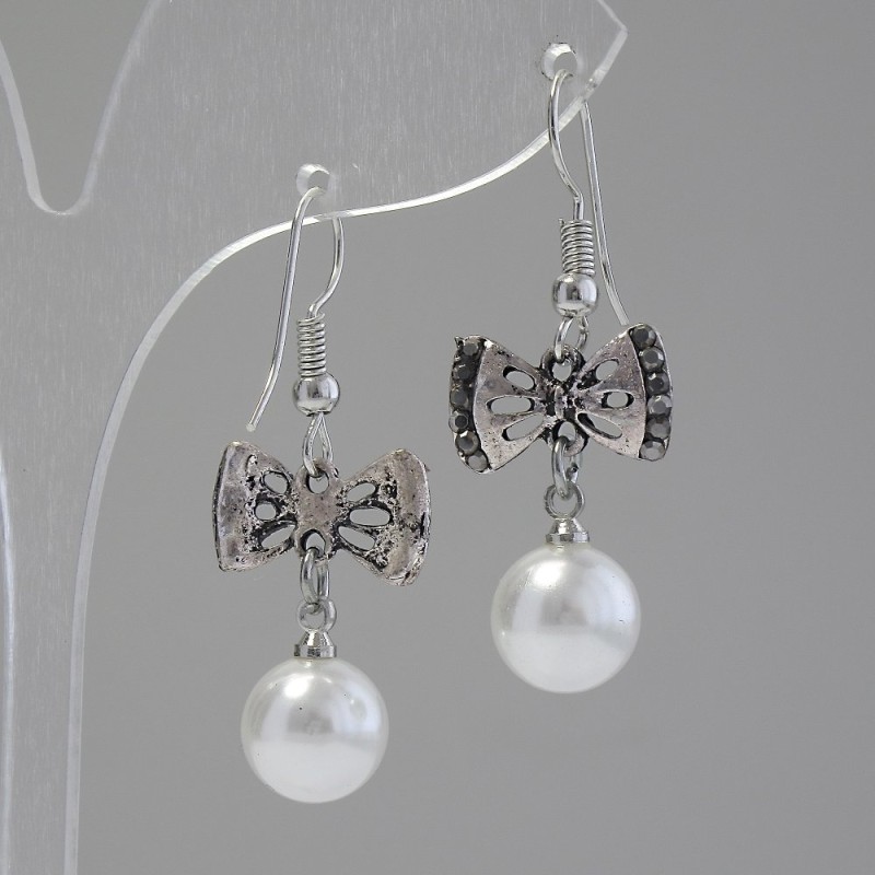 Bow Dangle Earrings, with Pearls (Faux) and Rhinestones (Silver-Tone Metal) 3.7 x 1.5 cm
