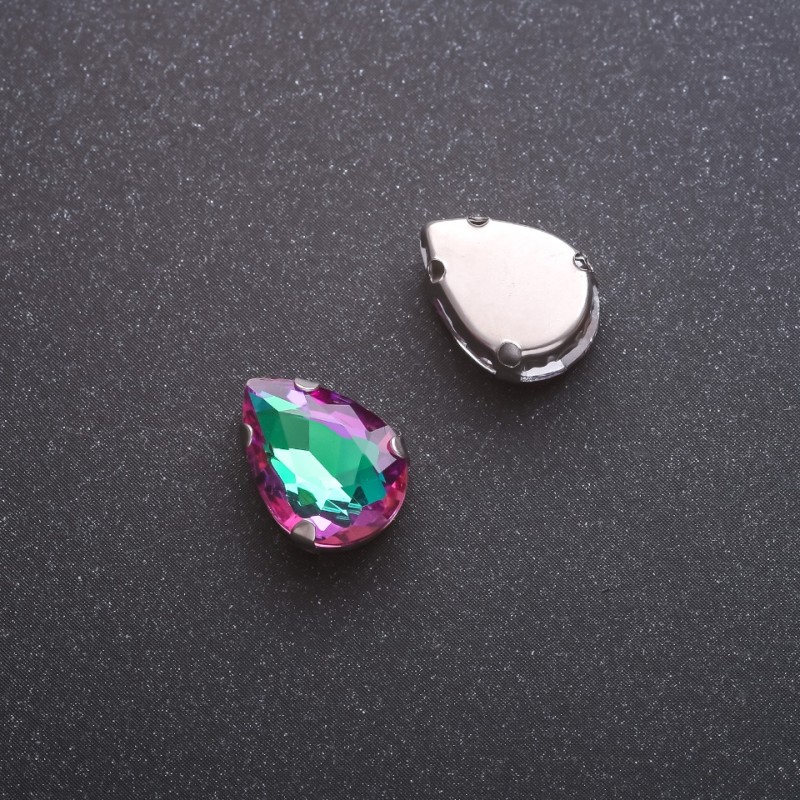 Price per pack /10 pcs. Sew-On Crystal in Setting, Drop 10x14mm, Green-Raspberry