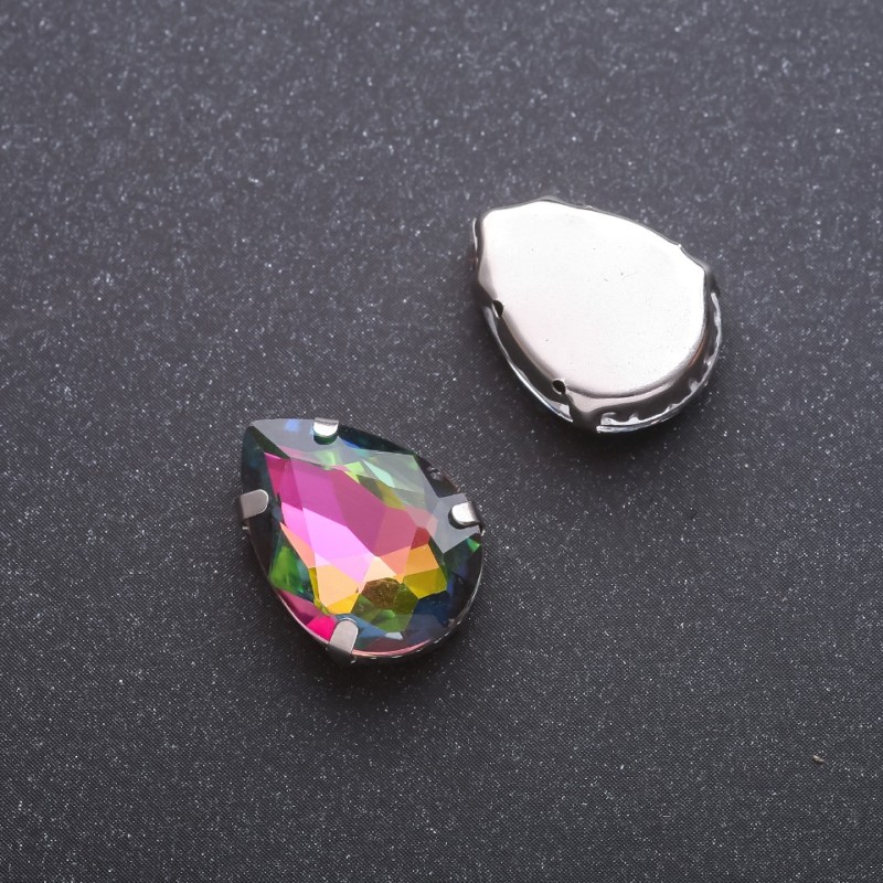 Price per Pack /10pcs. Sew-On Crystal in Setting, Teardrop 13x18mm, Green-Pink
