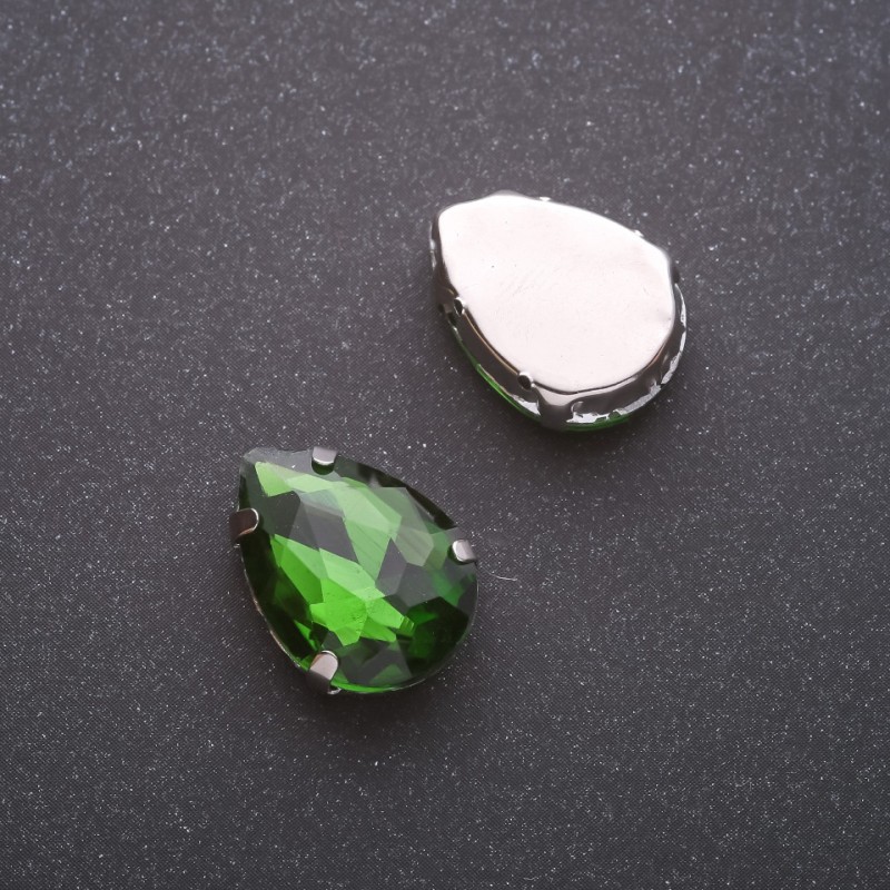 Price per pack /10 pcs. Sew-On Crystal in Setting, Drop 13x18mm, Green