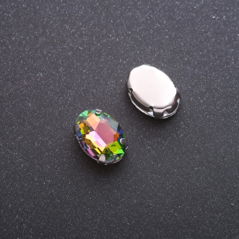Price per Pack /10 pcs. Sew-On Crystal in Prong Setting Oval 10x14mm Green-Pink