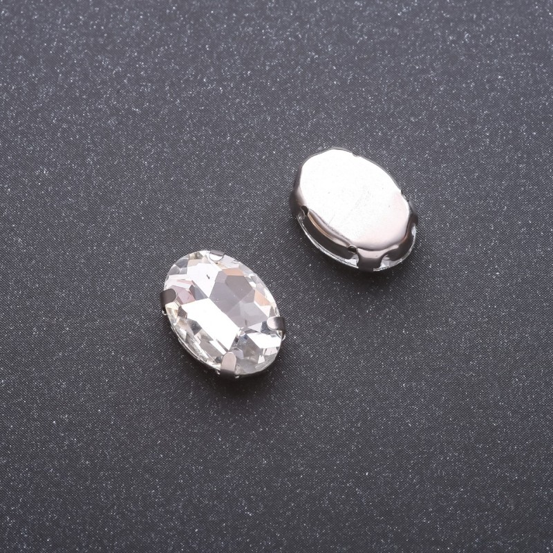 Price per pack /10pcs. Sew-on crystal in setting, oval 10x14mm, white