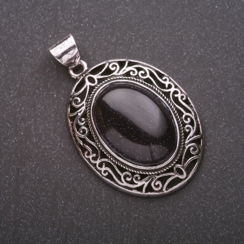 Pendant with Natural Stone Aventurine (Synthetic) "Blue Sand Cairo Night" in Antique-Style Setting 33x40x52mm