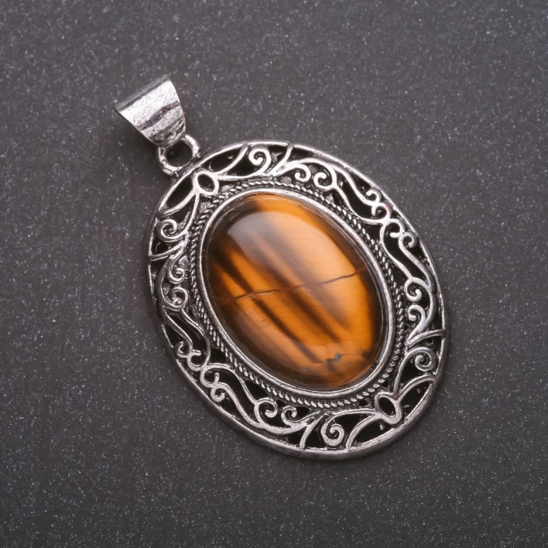 Pendant with Natural Tiger's Eye Stone in Antique-Style Setting 33x40x52mm