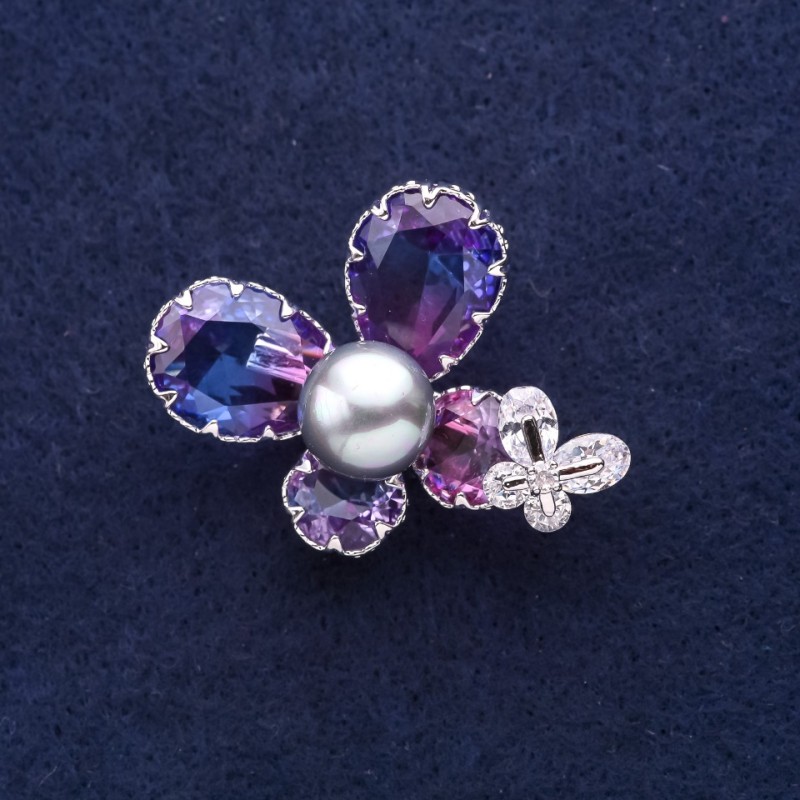 Sale! Butterfly Brooch with Blue-Pink Crystals in "Swarovski" Style 37x28mm White Metal
