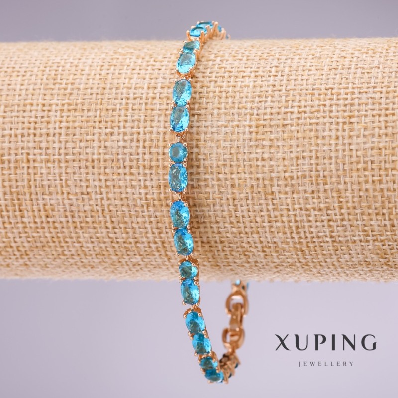 Xuping Bracelet with Blue Stones, Thickness 4mm, Length 18-20cm, Gold-Plated with Extension Chain
