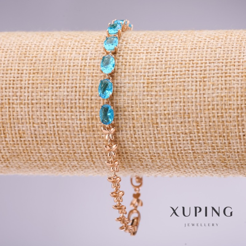 Xuping Bracelet with Blue Stones, Thickness 5mm, Length 17-20cm, Gold-Plated with Extension Chain