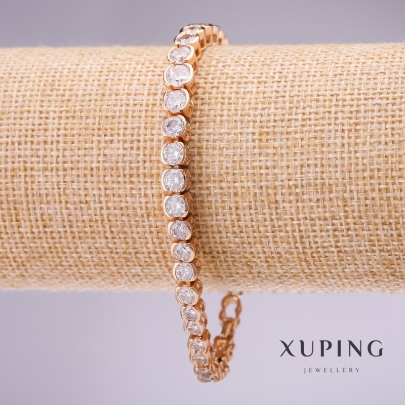 Xuping Bracelet with White Stones, Thickness 7mm, Length 17-19cm, Gold-Plated with Extension Chain