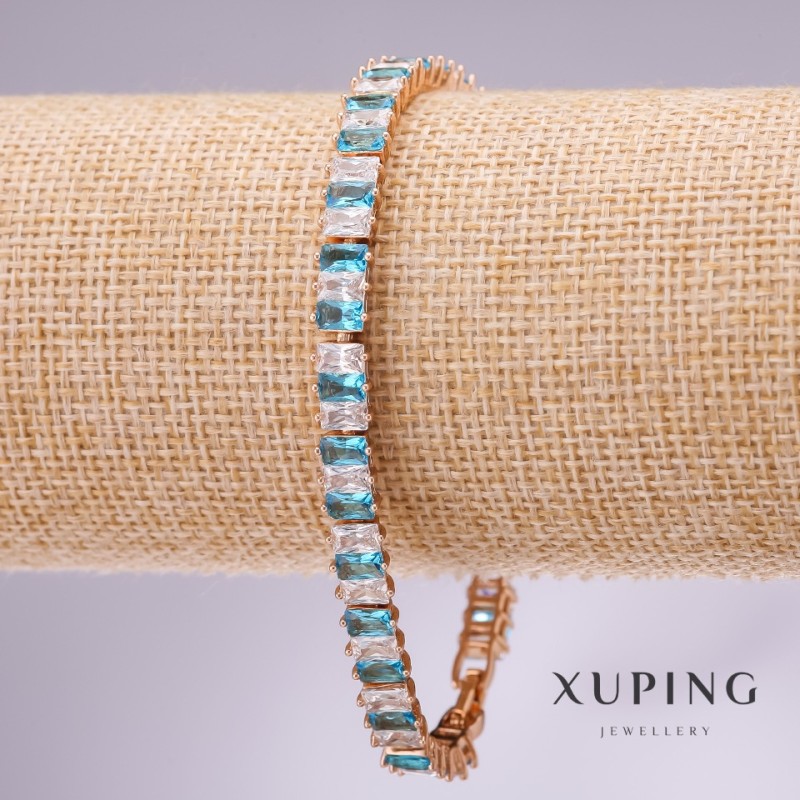 Xuping Bracelet with Blue and White Stones, Thickness 6.5mm, Length 17-19cm, Gold-Plated with Extension Chain