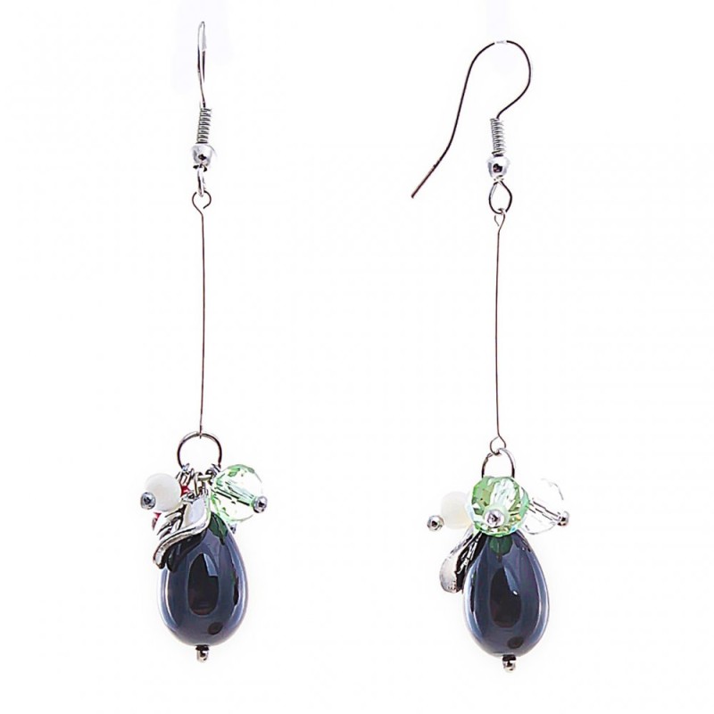 Drop Earrings with White and Red Agate-Style Beads, 65mm