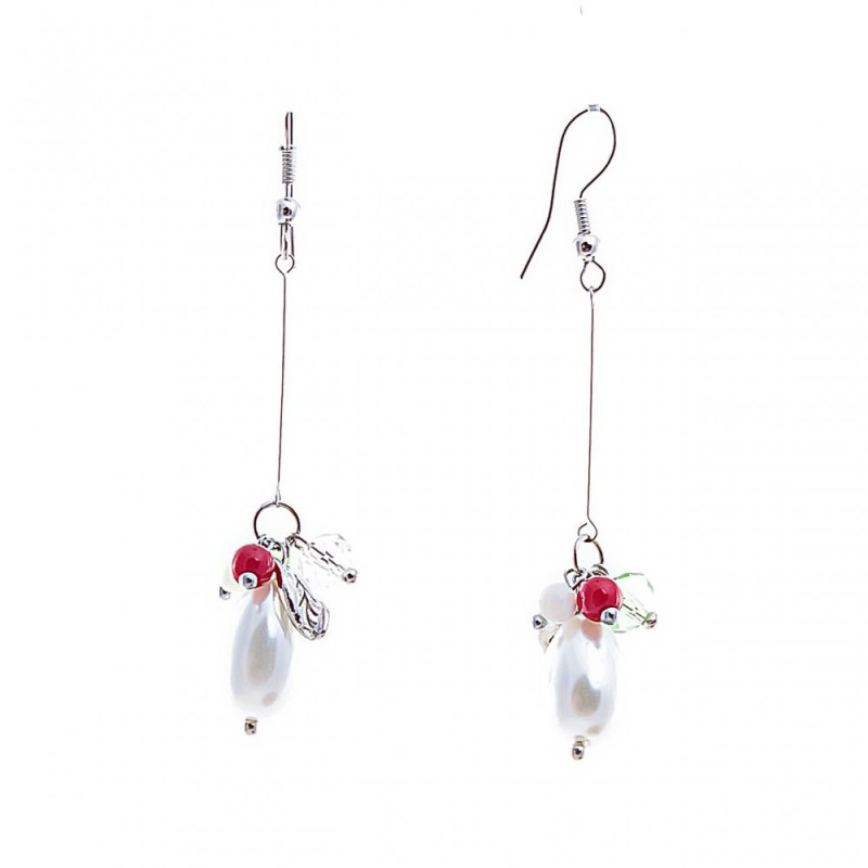 Dangle Earrings with White and Red Beads, Faux Pearl and Coral, 65mm