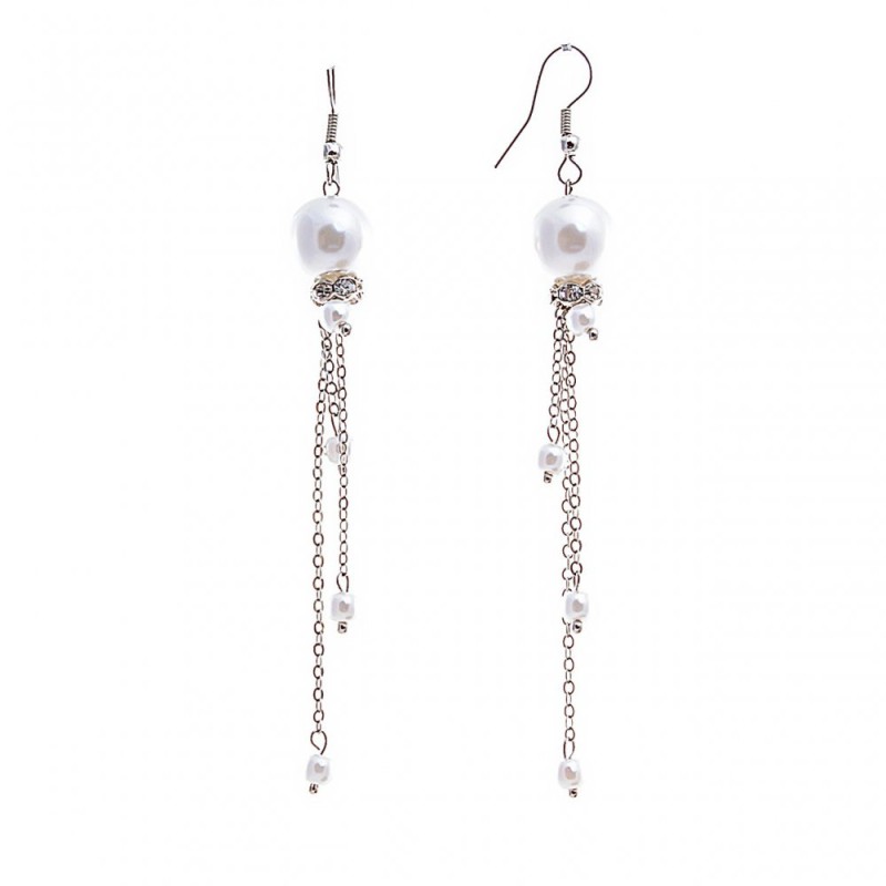 Drop Earrings with White Pearls (Imitation) and Rhinestones on Chains, Silver-Tone Metal, 95mm