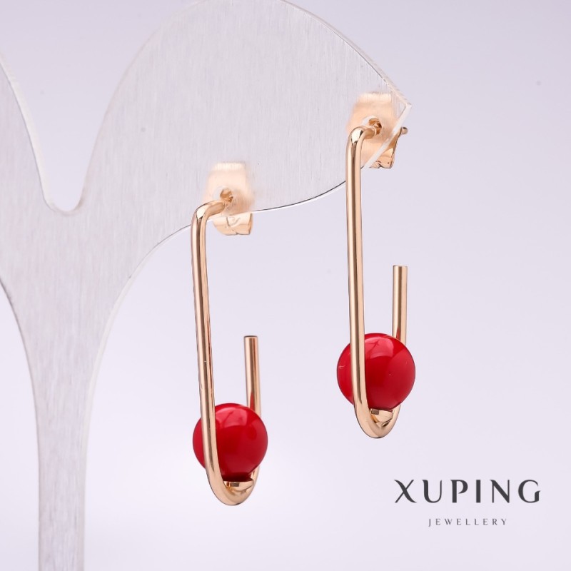 Xuping Earrings with Red Majorca Bead 34x8mm Gold Plated