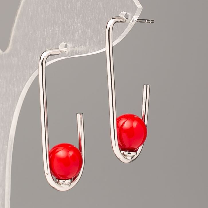 Xuping Earrings with Red Majorca Bead 34x8mm Rhodium