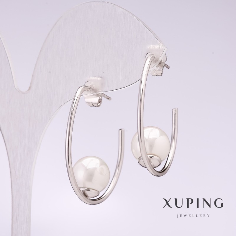 Xuping Hook Earrings with White Majorca Bead 33x10mm Rhodium
