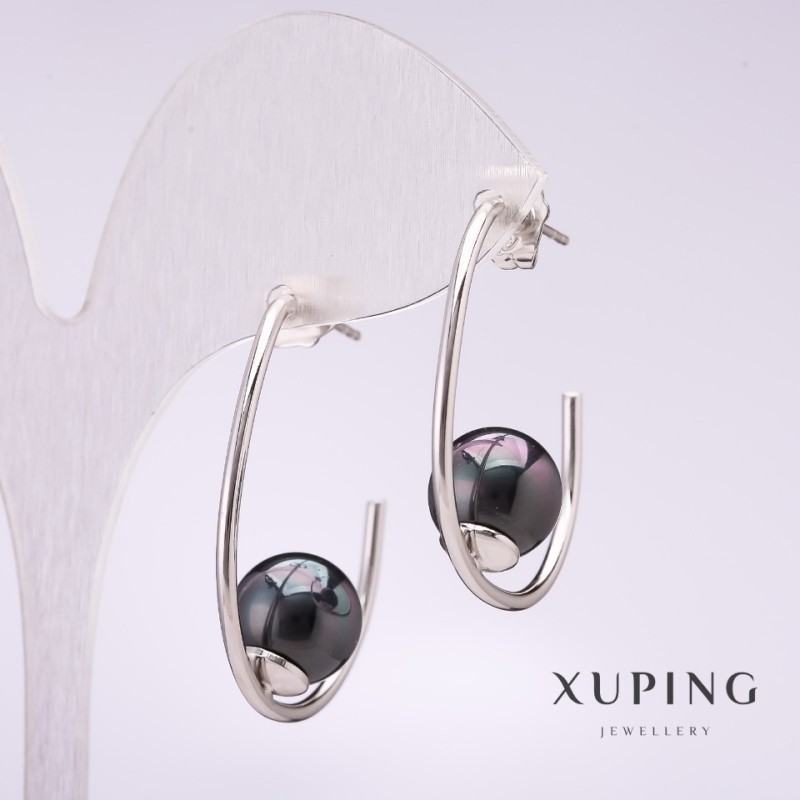 Xuping Hook Earrings with Black Majorca Bead 33x10mm Rhodium