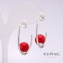 Xuping Hook Earrings with Red Majorca Bead 33x10mm Rhodium