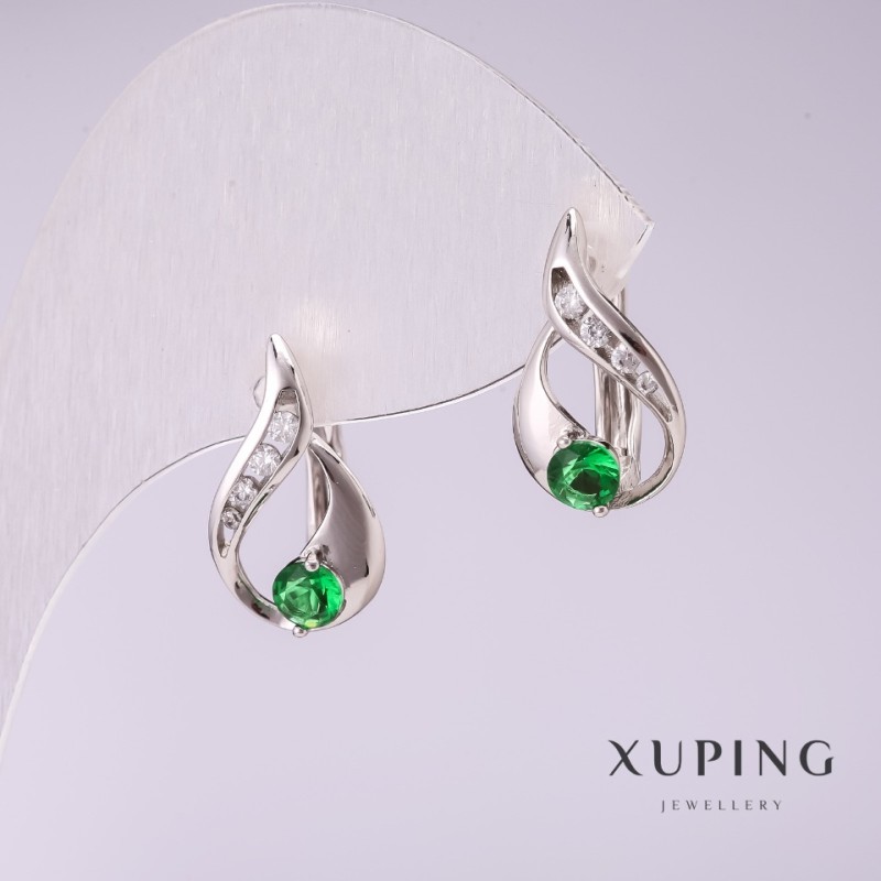 Xuping Earrings with Green Stones 17x10mm Rhodium