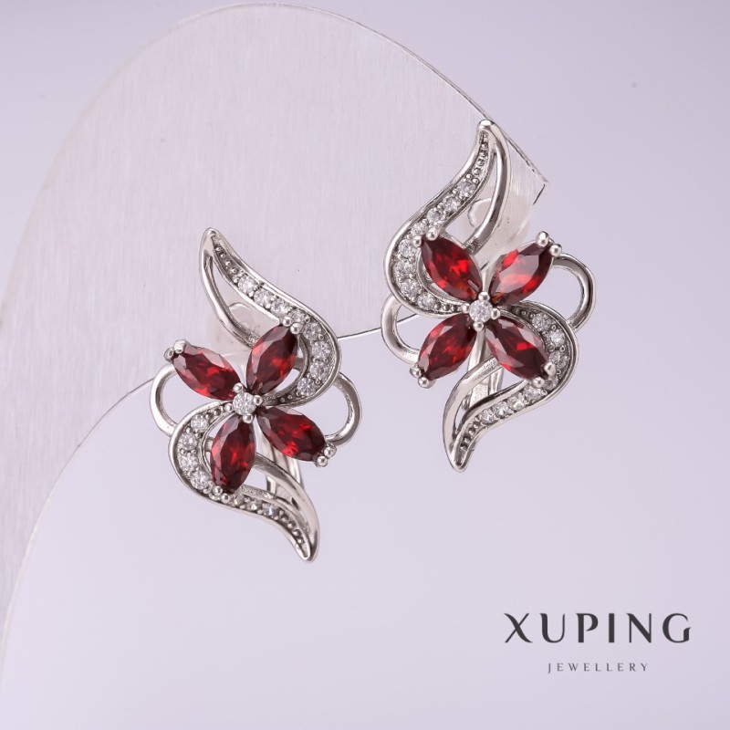 Xuping Earrings with Red Stones 10x24mm Rhodium